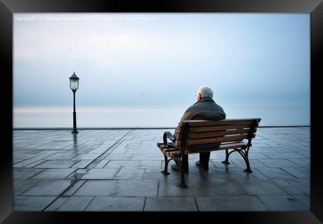 A lonely retired man on a bench created with generative AI techn Framed Print by Michael Piepgras