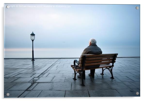 A lonely retired man on a bench created with generative AI techn Acrylic by Michael Piepgras