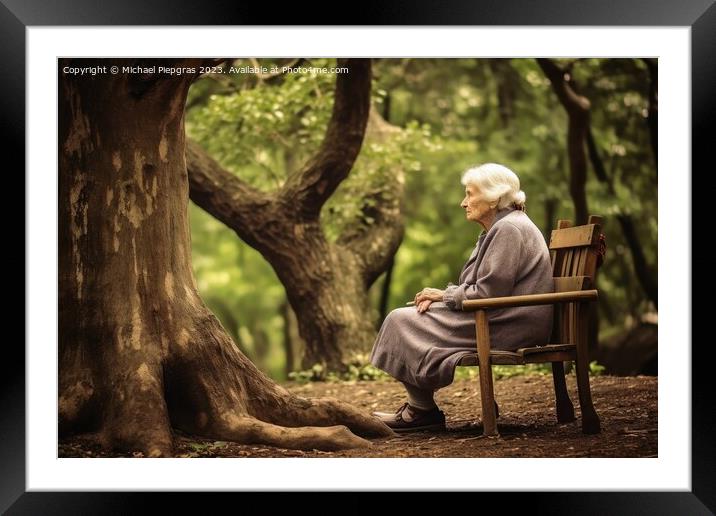 A lonely retired woman on a bench created with generative AI tec Framed Mounted Print by Michael Piepgras