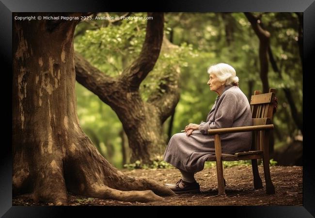A lonely retired woman on a bench created with generative AI tec Framed Print by Michael Piepgras