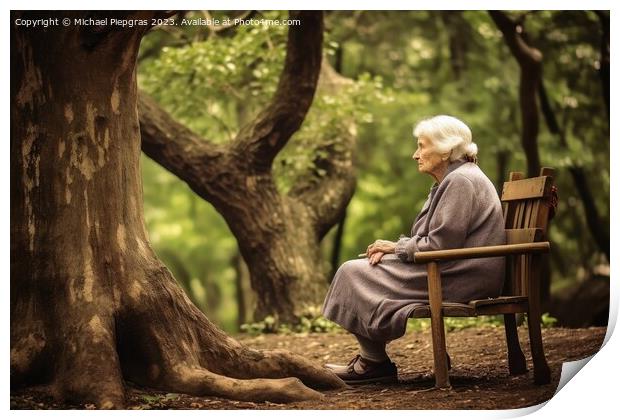 A lonely retired woman on a bench created with generative AI tec Print by Michael Piepgras