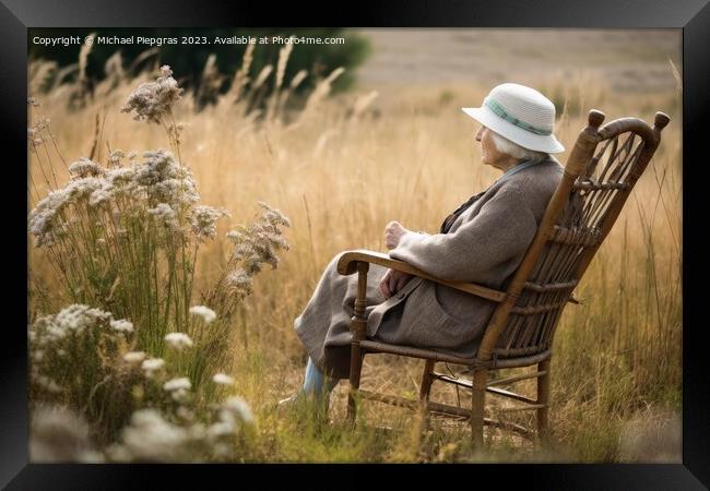 A lonely retired woman on a bench created with generative AI tec Framed Print by Michael Piepgras