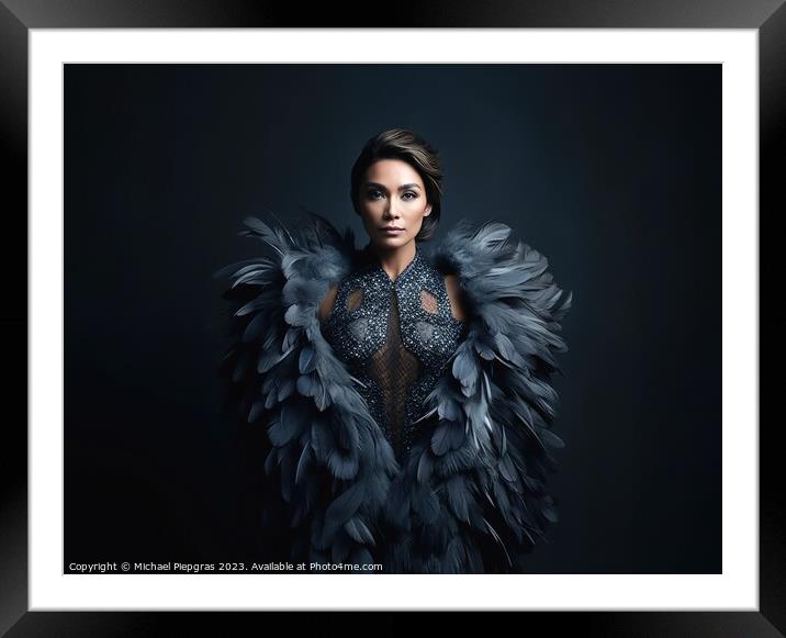 A woman wearing an elegant dress made of feathers created with g Framed Mounted Print by Michael Piepgras