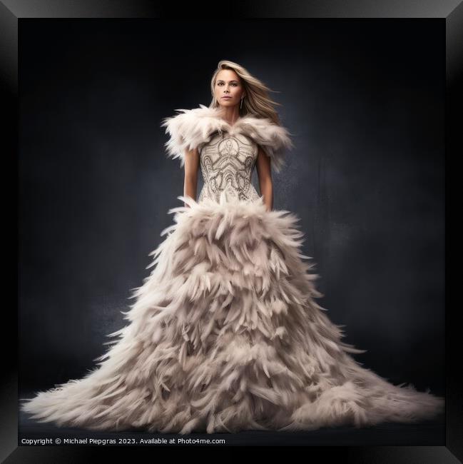 A woman wearing an elegant dress made of feathers created with g Framed Print by Michael Piepgras