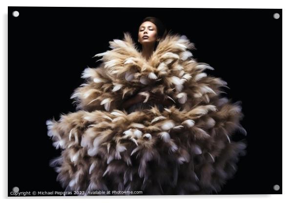 A woman wearing an elegant dress made of feathers created with g Acrylic by Michael Piepgras