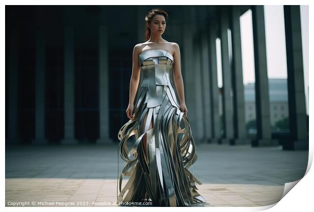 A woman wearing an elegant dress made of steel created with gene Print by Michael Piepgras
