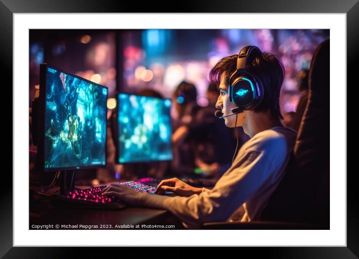 A young person sits at a gaming PC and plays a game created with Framed Mounted Print by Michael Piepgras