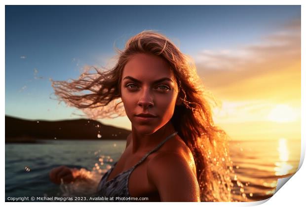 An attractive Woman at a beach during sunset created with genera Print by Michael Piepgras