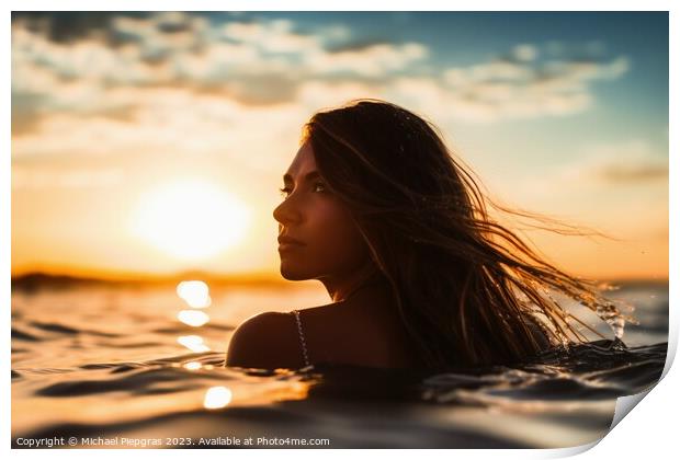 An attractive Woman at a beach during sunset created with genera Print by Michael Piepgras