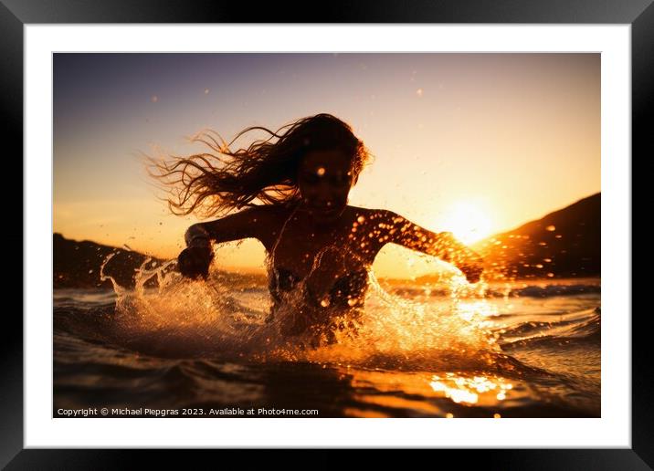 An attractive Woman at a beach during sunset created with genera Framed Mounted Print by Michael Piepgras