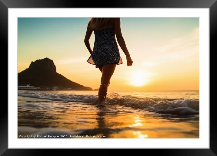 An attractive Woman at a beach during sunset created with genera Framed Mounted Print by Michael Piepgras