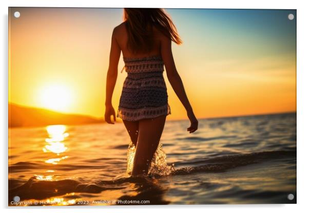 An attractive Woman at a beach during sunset created with genera Acrylic by Michael Piepgras