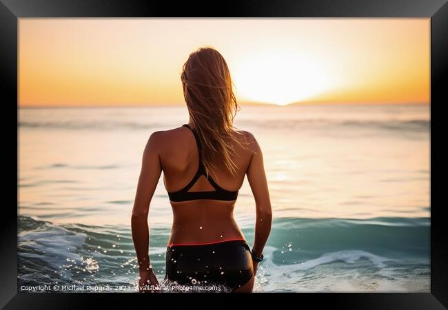 An attractive Woman at a beach during sunset created with genera Framed Print by Michael Piepgras