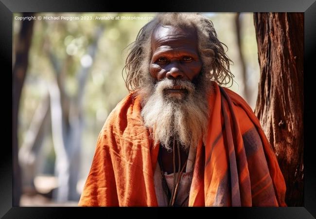 An Australian Aborigine in traditional robes created with genera Framed Print by Michael Piepgras