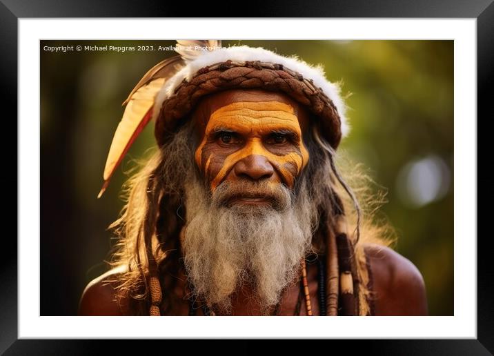 An Australian Aborigine in traditional robes created with genera Framed Mounted Print by Michael Piepgras