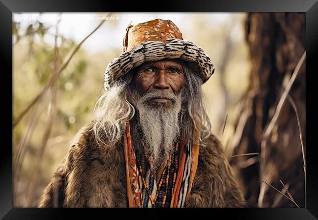 An Australian Aborigine in traditional robes created with genera Framed Print by Michael Piepgras