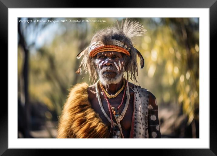 An Australian Aborigine in traditional robes created with genera Framed Mounted Print by Michael Piepgras
