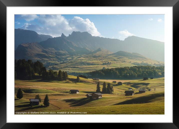 Seiser Alm, wooden huts view. Dolomites, Italy Framed Mounted Print by Stefano Orazzini