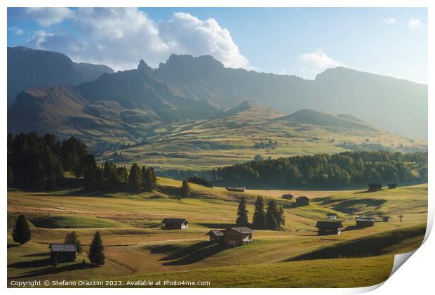 Seiser Alm, wooden huts view. Dolomites, Italy Print by Stefano Orazzini