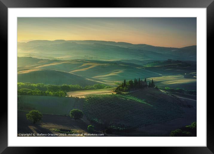 The landscape of the Val d'Orcia at dawn. Tuscany Framed Mounted Print by Stefano Orazzini