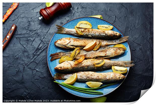 Fried whole fish with kiwi and lime. Print by Mykola Lunov Mykola