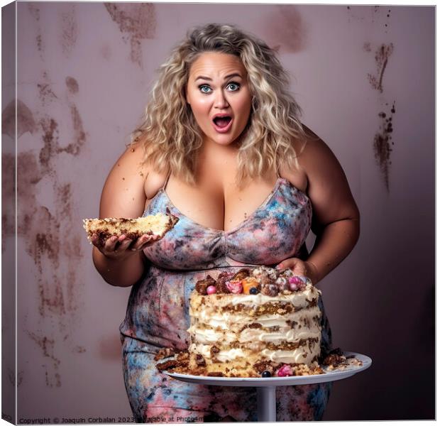 It's hard to resist a sweet cake, but the woman gets fat. Ai gen Canvas Print by Joaquin Corbalan