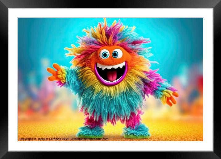 A whimsical and lively fluffy little colored monster dances and laughs on a vibrant background. AI Generated. Framed Mounted Print by Joaquin Corbalan