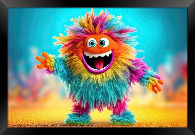 A whimsical and lively fluffy little colored monster dances and laughs on a vibrant background. AI Generated. Framed Print by Joaquin Corbalan