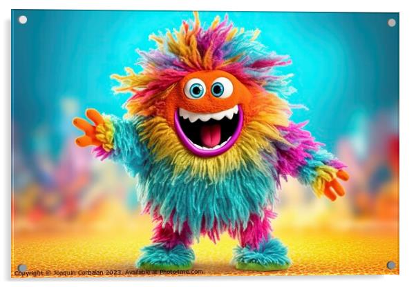 A whimsical and lively fluffy little colored monster dances and laughs on a vibrant background. AI Generated. Acrylic by Joaquin Corbalan
