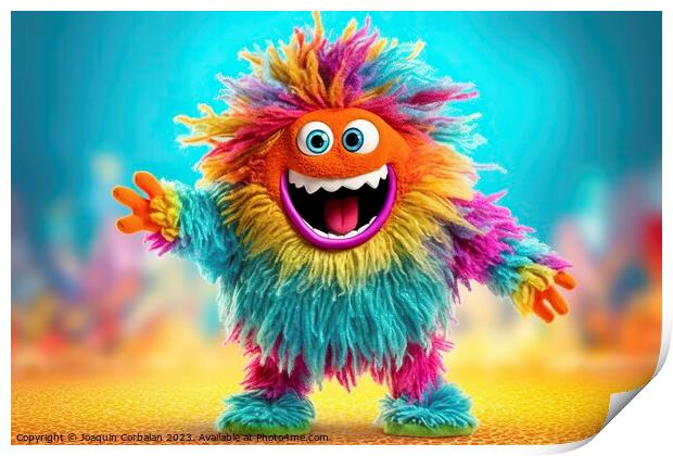 A whimsical and lively fluffy little colored monster dances and laughs on a vibrant background. AI Generated. Print by Joaquin Corbalan