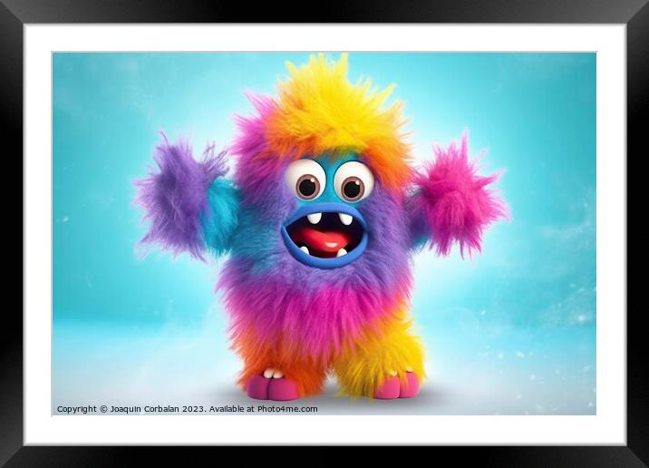 Fluffy little colored monster, dancing and laughing on a colored background. Ai generated. Framed Mounted Print by Joaquin Corbalan