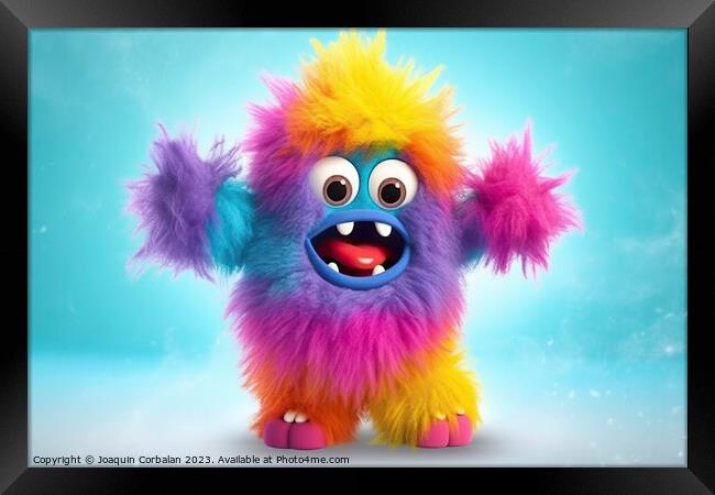 Fluffy little colored monster, dancing and laughing on a colored background. Ai generated. Framed Print by Joaquin Corbalan