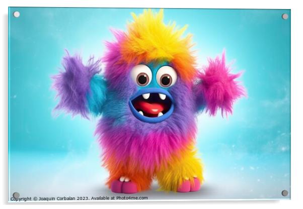 Fluffy little colored monster, dancing and laughing on a colored background. Ai generated. Acrylic by Joaquin Corbalan