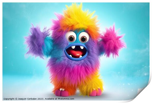 Fluffy little colored monster, dancing and laughing on a colored background. Ai generated. Print by Joaquin Corbalan