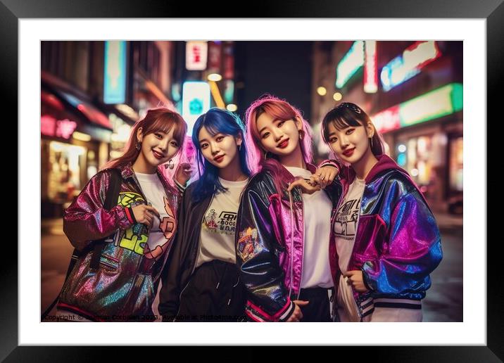Dancer k-pop group, with modern neon lights. Ai generated. Framed Mounted Print by Joaquin Corbalan
