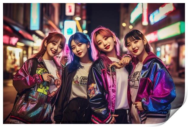 Dancer k-pop group, with modern neon lights. Ai generated. Print by Joaquin Corbalan