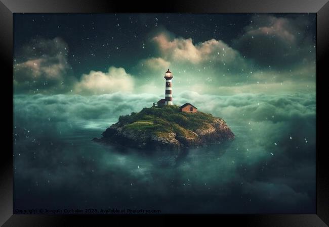 A dream island, at night, floating in a cloud of steam surrounded by the ocean. Ai generated. Framed Print by Joaquin Corbalan
