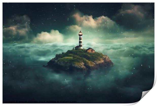 A dream island, at night, floating in a cloud of steam surrounded by the ocean. Ai generated. Print by Joaquin Corbalan