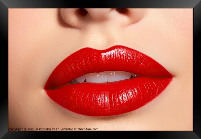 The sensual pose accentuates the allure of a beautiful woman, highlighting the captivating red lips. Ai generated. Framed Print by Joaquin Corbalan