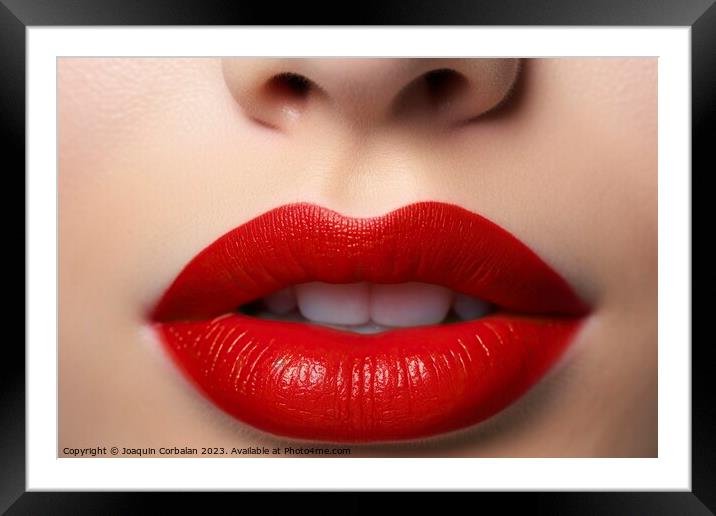 Detail of the red lips of a beautiful woman in a sensual pose. Ai generated. Framed Mounted Print by Joaquin Corbalan