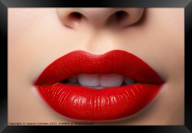 Detail of the red lips of a beautiful woman in a sensual pose. Ai generated. Framed Print by Joaquin Corbalan