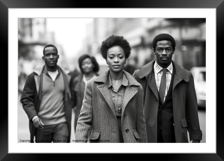 Classic image of a black woman walking down the street in NY in the 1950s, black and white. Ai generated. Framed Mounted Print by Joaquin Corbalan