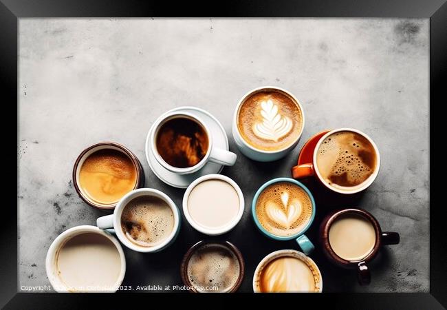 Several cups of coffee seen from above, caffeinated as ergogenic Framed Print by Joaquin Corbalan
