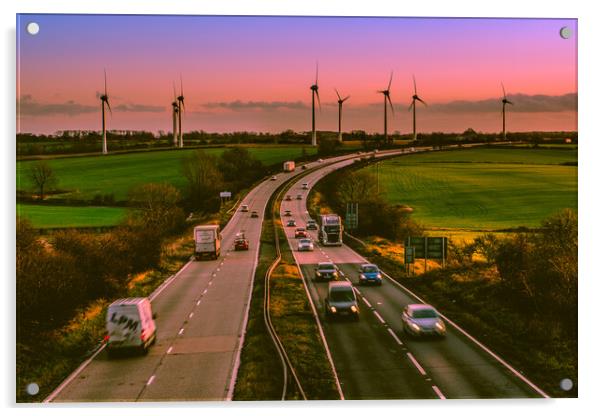 Sunset over a busy A46. Acrylic by Bill Allsopp