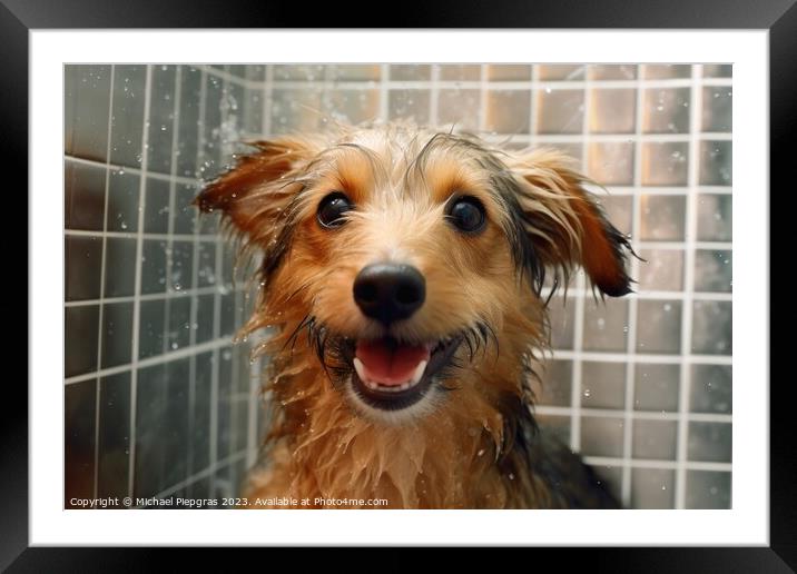 A dog in the shower created with generative AI technology. Framed Mounted Print by Michael Piepgras
