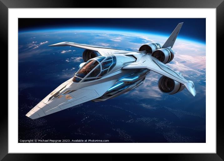 A futuristic aircraft in space with planet earth in the backgrou Framed Mounted Print by Michael Piepgras