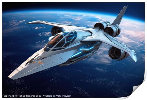 A futuristic aircraft in space with planet earth in the backgrou Print by Michael Piepgras