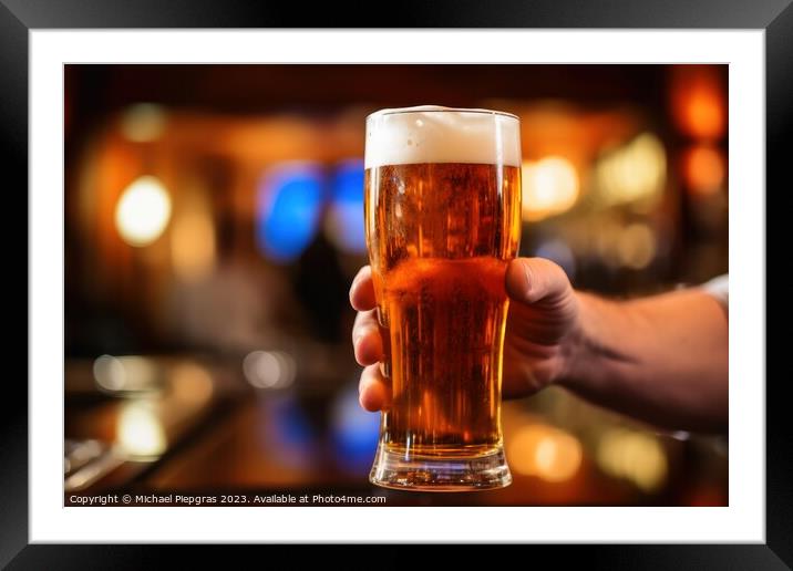 A big glass of beer in a pub created with generative AI technolo Framed Mounted Print by Michael Piepgras