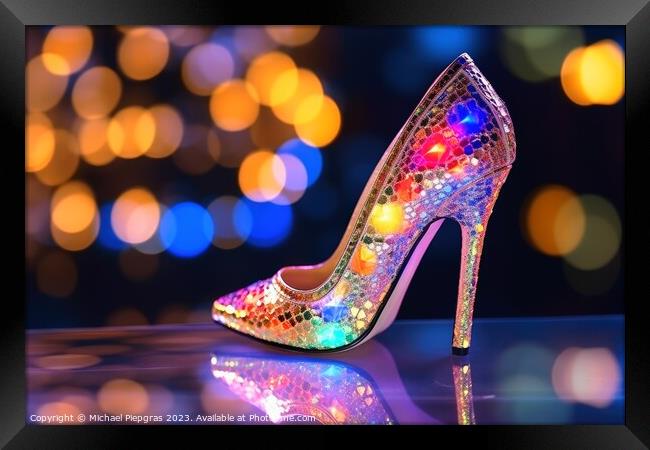 A high heel made of glass bokeh lights background created with g Framed Print by Michael Piepgras