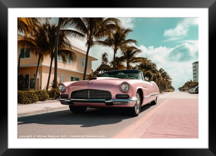 A pink caddilac on a road with palm trees at florida beach creat Framed Mounted Print by Michael Piepgras